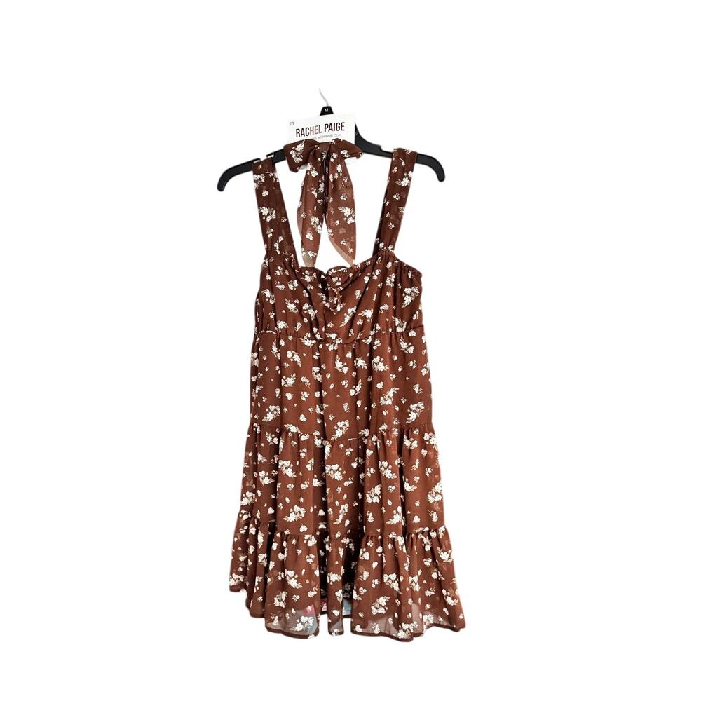 Rachel Paige Brown Floral Midi Dress with Tie Neck